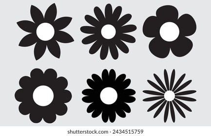 Groovy daisy flowers set. Flat black icons. Simple flower silhouette. Retro vintage style, hand drawn decorative elements.