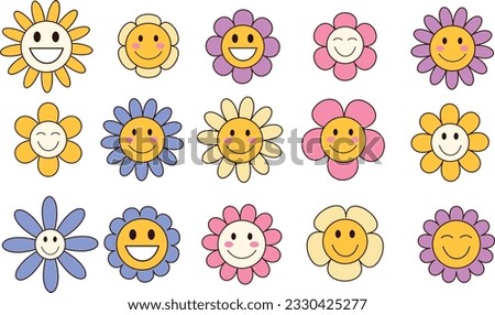 Groovy daisy flowers set. Flat color icons. Simple flower silhouette. Retro vintage style, hand drawn decorative elements. A set of vector vintage flowers. 70s style. Hippie style design, power flower