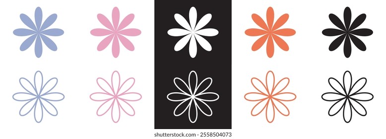 Groovy daisy flowers set. Simple flower silhouette. Retro vintage style, hand drawn decorative elements.  Vector illustration. EPS 10 AI