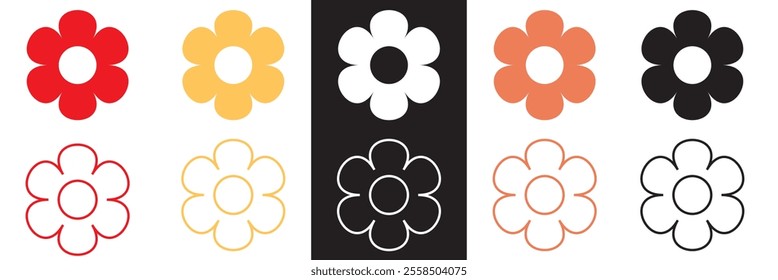 Groovy daisy flowers set. Simple flower silhouette. Retro vintage style, hand drawn decorative elements.  Vector illustration. EPS 10 AI