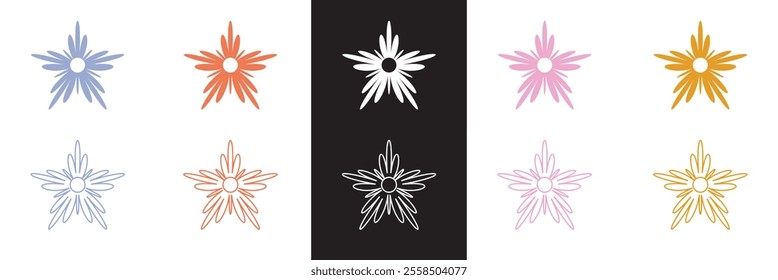 Groovy daisy flowers set. Simple flower silhouette. Retro vintage style, hand drawn decorative elements.  Vector illustration. EPS 10 AI