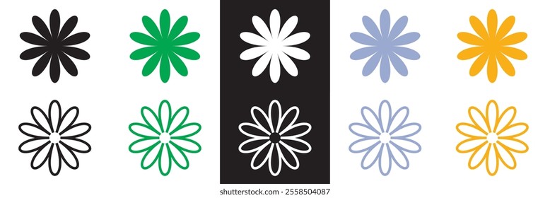 Groovy daisy flowers set. Simple flower silhouette. Retro vintage style, hand drawn decorative elements.  Vector illustration. EPS 10 AI