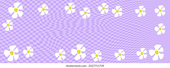 Groovy daisy horizontal frame on purple checkered background. Stock vector illustration in cartoon style.