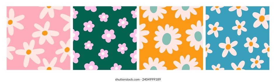 Groovy daisy patterns set. Flower powers, seamless backgrounds. Repeating simple floral prints, summer textures for funky wrapping, wallpaper, fabric, textile design. Colorful flat vector illustration