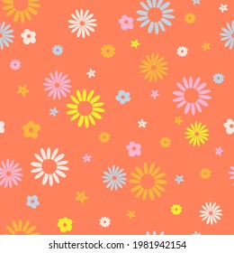 Groovy daisy retro 60s 70s vintage vector seamless pattern. Vibrant multicoloured different size hippie floral background.