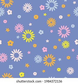 Groovy daisy retro 60s 70s vintage vector seamless pattern. Vibrant multicoloured different size hippie floral background.