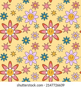 Groovy daisy retro seamless pattern. Positive colorful vector iilustration in cartoon style. 70s vibe hippie ornament. Floral wallpaper.