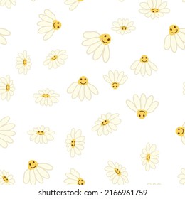 Groovy daisy retro seamless pattern. 70s vibe hippie ornament. Floral wallpaper