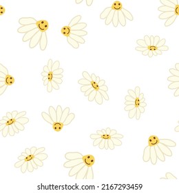 Groovy daisy retro seamless pattern. 70s vibe hippie ornament. Floral wallpaper