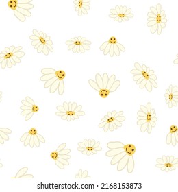 Groovy daisy retro seamless pattern. 70s vibe hippie ornament. Floral wallpaper