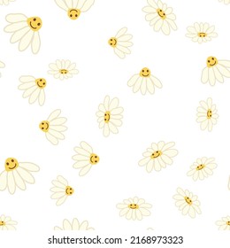 Groovy daisy retro seamless pattern. 70s vibe hippie ornament. Floral wallpaper
