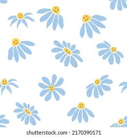 Groovy daisy retro seamless pattern. Retro Smile Chamomile. 70s vibe hippie ornament. Floral wallpaper.
