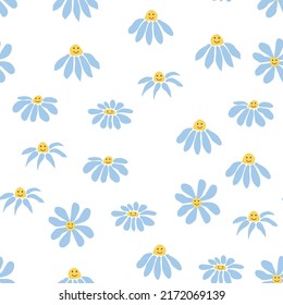 Groovy daisy retro seamless pattern. Retro Smile Chamomile. 70s vibe hippie ornament. Floral wallpaper.