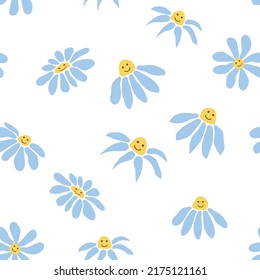 Groovy daisy retro seamless pattern. Retro Smile Chamomile. 70s vibe hippie ornament. Floral wallpaper.