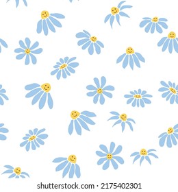 Groovy daisy retro seamless pattern. Retro Smile Chamomile. 70s vibe hippie ornament. Floral wallpaper.