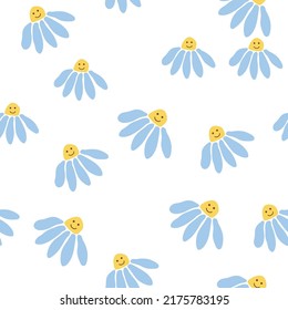 Groovy daisy retro seamless pattern. Retro Smile Chamomile. 70s vibe hippie ornament. Floral wallpaper.