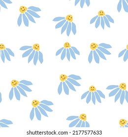 Groovy daisy retro seamless pattern. Retro Smile Chamomile. 70s vibe hippie ornament. Floral wallpaper.