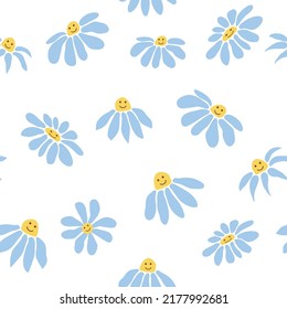 Groovy daisy retro seamless pattern. Retro Smile Chamomile. 70s vibe hippie ornament. Floral wallpaper.
