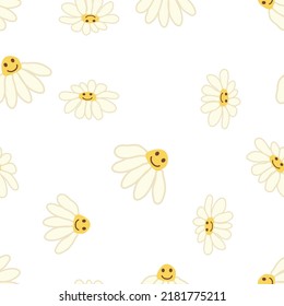 Groovy daisy retro seamless pattern. 70s vibe hippie ornament. Floral wallpaper