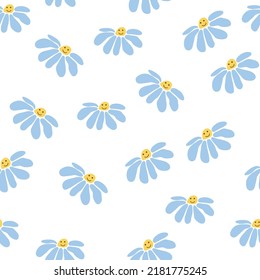 Groovy daisy retro seamless pattern. Retro Smile Chamomile. 70s vibe hippie ornament. Floral wallpaper.