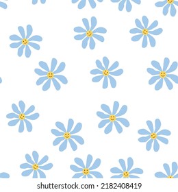 Groovy daisy retro seamless pattern. Retro Smile Chamomile. 70s vibe hippie ornament. Floral wallpaper.