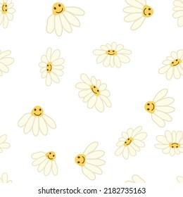 Groovy daisy retro seamless pattern. 70s vibe hippie ornament. Floral wallpaper