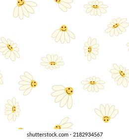 Groovy daisy retro seamless pattern. 70s vibe hippie ornament. Floral wallpaper