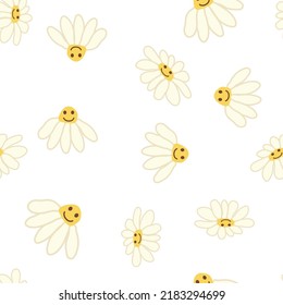 Groovy daisy retro seamless pattern. 70s vibe hippie ornament. Floral wallpaper