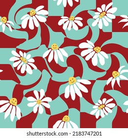 Groovy daisy retro seamless pattern. Retro Smile Chamomile Pattern on 1970 Wavy Swirl. Hippie Aesthetic