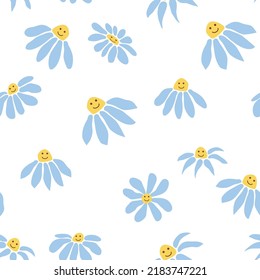 Groovy daisy retro seamless pattern. Retro Smile Chamomile. 70s vibe hippie ornament. Floral wallpaper.