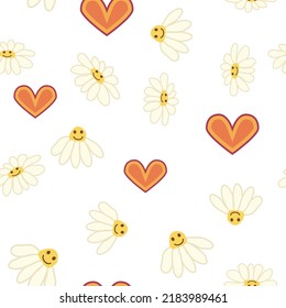 Groovy daisy retro seamless pattern. 70s vibe hippie ornament. Floral wallpaper