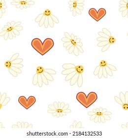 Groovy daisy retro seamless pattern. 70s vibe hippie ornament. Floral wallpaper