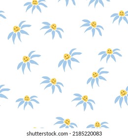 Groovy daisy retro seamless pattern. Retro Smile Chamomile. 70s vibe hippie ornament. Floral wallpaper.