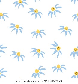 Groovy daisy retro seamless pattern. Retro Smile Chamomile. 70s vibe hippie ornament. Floral wallpaper.