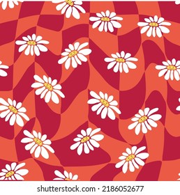 Groovy daisy retro seamless pattern. Retro Smile Chamomile Pattern on 1970 Wavy Swirl. Hippie Aesthetic.