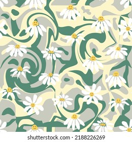 Groovy daisy Retro nahtloses Muster. Retro Smile Chamomile Muster auf dem Wavy Swirl 1970. Hippie-Ästhetik.