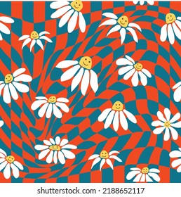 Groovy daisy retro seamless pattern. Retro Smile Chamomile Pattern on 1970 Wavy Swirl. Hippie Aesthetic.