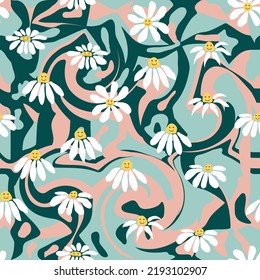 Groovy daisy retro seamless pattern. Retro Smile Chamomile Pattern on 1970 Wavy Swirl. Hippie Aesthetic.