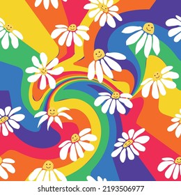 Groovy daisy retro seamless pattern. Retro Smile Chamomile Pattern on 1970 Wavy Swirl. Hippie Aesthetic.