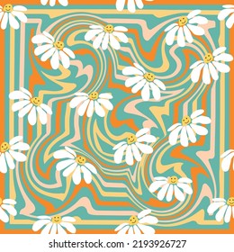 Groovy daisy retro seamless pattern. Retro Smile Chamomile Pattern on 1970 Wavy Swirl. Hippie Aesthetic.