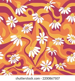 Groovy daisy retro seamless pattern. Retro Smile Chamomile Pattern on 1970 Wavy Swirl. Hippie Aesthetic.