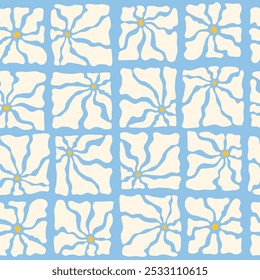 Groovy Daisy Seamless Pattern. Print for children, naive flowers background