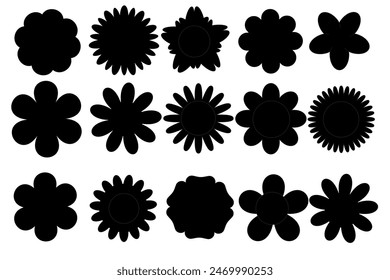 Groovy daisy silhouettes flowers set.  Sticker pack in trendy retro trippy style. Hippie 60s, 70s style. Retro vintage style, hand drawn decorative elements vector illustration