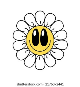 Groovy daisy with smile flower print on 70s style on white background. Vector doodle illustration. Design for t shirt, card, flyer, banner
