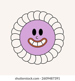 Groovy daisy sticker. Psychedelic flower with funky smile face, hippie floral retro 70s style, trippy cartoon boho design. Vector isolated illustration.