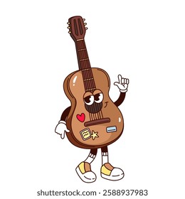 Groovy dance of guitar cartoon character with heart and star stickers. Funny retro musical instrument of hippie tourist. Camping mascot, cartoon guitar personage of 70s 80s style vector illustration