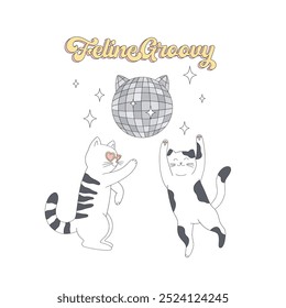 Groovy dancing disco cat vector clip-art set isolated on white. Cat vibes illustration