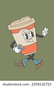 Groovy delicious coffee paper cup. Funky character in trendy retro 60s 70s cartoon style. Drink vector illustration design.