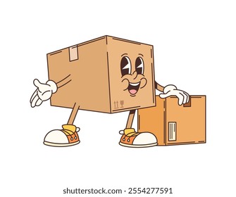 Groovy delivery cardboard box cartoon character with smiling face, expressive eyes and trendy hippie sneakers stand next to another smaller box, showcasing fun and playful delivery and postal service