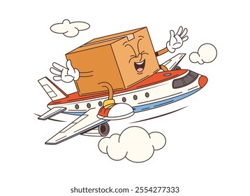 Groovy delivery cardboard box character flying on the airplane. Cartoon vector funny parcel pack fly on civil plane. Aerial post service or express shipping retro personage delivering cargo by air